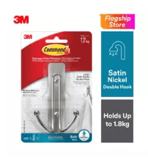 3M Command Bath Large Satin Nickel Double Hook (Holds Up To 1.8kg) (1pcs/pck)
