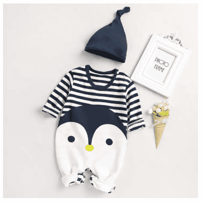 PatPat Lovely Striped Penguin Print Long-sleeve Romper Bodysuit Jumpsuit and Hat Set for Baby Boy/Baby Girl-Z