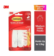 3M Command Medium Utility Hooks (Holds Up to 1.3kg) (2pcs/pck) Wall Adhesive