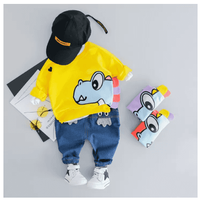 PatPat Fashionable Dinosaur Print Pullover and Jeans Set for Baby and Toddler