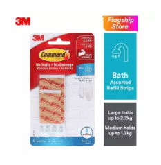 3M Command Waterproof Assorted Refill Strips (Large Holds Up to 2.2kg, Medium Holds Up to 1.3kg) (6pcs/pck) Wall Adhesive