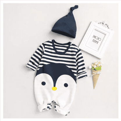 PatPat Lovely Striped Penguin Print Long-sleeve Romper Bodysuit Jumpsuit and Hat Set for Baby Boy/Baby Girl-Z
