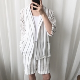 阿茶与阿古条纹2018夏季新款简约休闲款韩风日系七分袖短裤套装