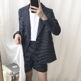 阿茶与阿古18ss棉麻款西装短裤套装气质藏蓝色学院韩风
