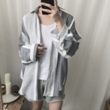 阿茶与阿古灰色条纹拼色简约廓形韩风学院风盐系日系复古防晒衬衫