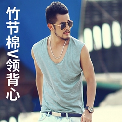 2019新款夏装纯色竹节棉男宽松V领无袖坎肩T恤白色宽肩背心T4005