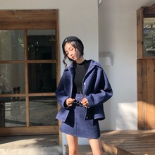 秋装女2018新款套装时尚chic羊毛双面呢子外套+阔腿裤+短裙三件套