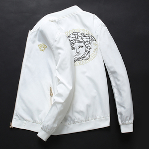 春秋款男外套欧洲站潮牌棒球领夹克美杜莎两面穿刺绣男装潮流白色