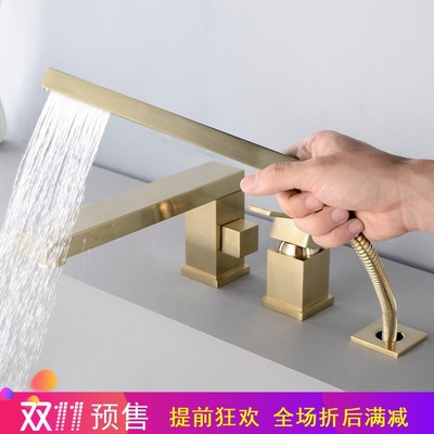 浴缸边座式冷热水龙头带花洒淋浴三四孔件套方形可旋转分体式金色