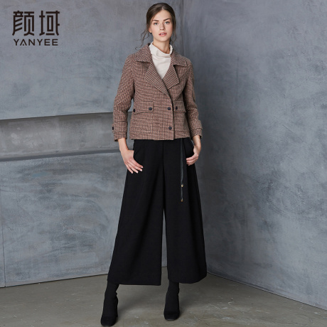 颜域女装秋冬装2018新款欧美西装领宽松百搭大码格子短款外套女士商品大图
