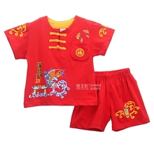 唐装 夏天百天衣服 童装 男童抓周礼服婴儿童短袖 宝宝红色中国风套装