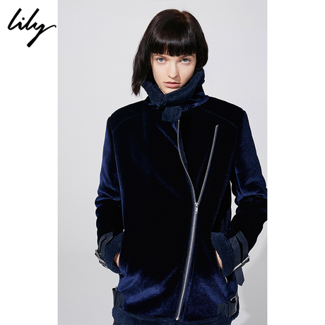 Lily2018冬新款女装帅气通勤丝绒拼接H型机车外套118430I3504商品大图