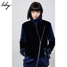 Lily2018冬新款女装帅气通勤丝绒拼接H型机车外套118430I3504图片