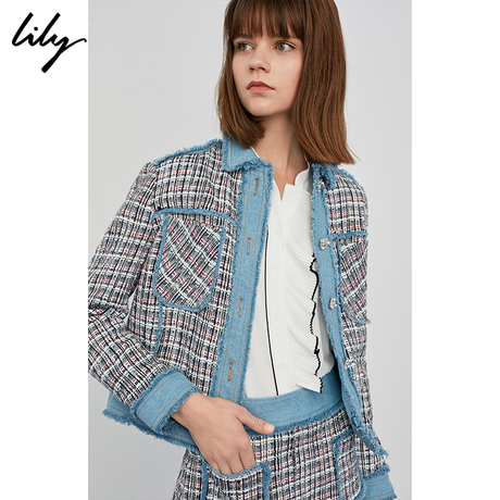 Lily2018秋新款女装牛仔拼接小香风粗花呢格纹编织短外套3904商品大图