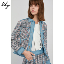 Lily2018秋新款女装牛仔拼接小香风粗花呢格纹编织短外套3904图片