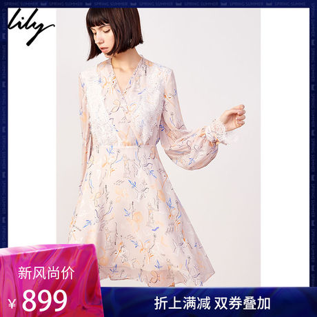 Lily2019春新款女装优雅真丝桑蚕丝拼接蕾丝收腰印花连衣裙7940商品大图