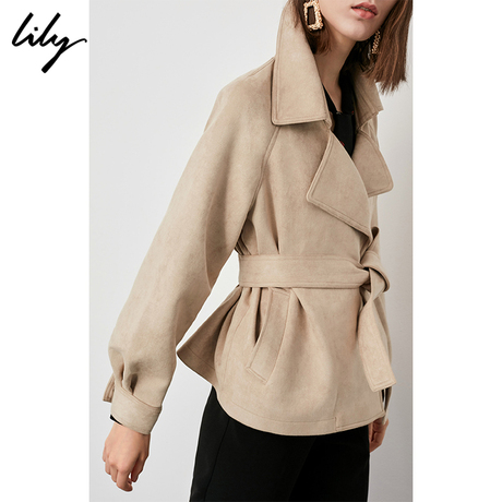 Lily2018秋新款女装时髦系带收腰短外套米色仿皮外套118359C3928商品大图