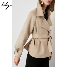 Lily2018秋新款女装时髦系带收腰短外套米色仿皮外套118359C3928图片