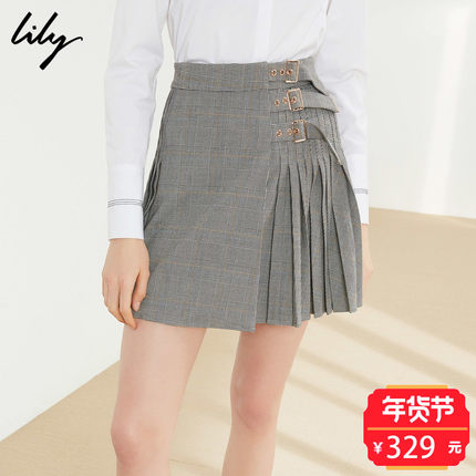 Lily2018春新款女装灰色复古格纹半身裙A型压褶短裙118119C6902