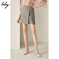 Lily2018秋新款女装商务A型气质灰色格纹短裙半身裙118319C6906