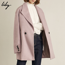 Lily2018冬新款女装韩版宽松大廓形浅紫中长款毛呢大衣外套1916图片