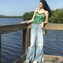 阔腿裤 V领印花撞色拼接吊带背心 开衩裤 水洗破洞牛仔裤 何穗同款
