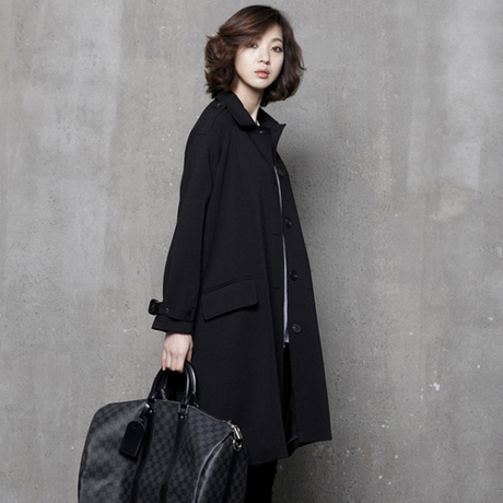 2018秋季韩版新款女装中长款长袖宽松显瘦系带气质黑色风衣女外套商品大图