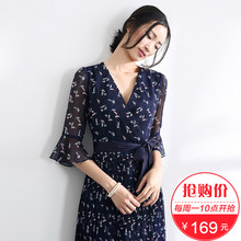【169元新品】梵希蔓喇叭袖连衣裙2018夏季新款韩版V领雪纺裙子女