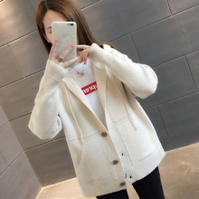 2018秋装新款女装外搭连帽针织开衫韩版宽松学生长袖口袋毛衣外套图片