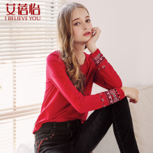艾蓓怡红色长袖圆领ins长袖女上衣秋装女2018新款修身显瘦T恤图片