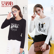 艾蓓怡t恤女秋2018新款韩版印花百搭长袖chic上衣复古体恤ins女装图片