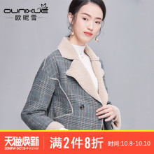 欧昵雪2018秋冬新款格子千鸟格宽松加绒加厚小个子毛呢外套女短款图片