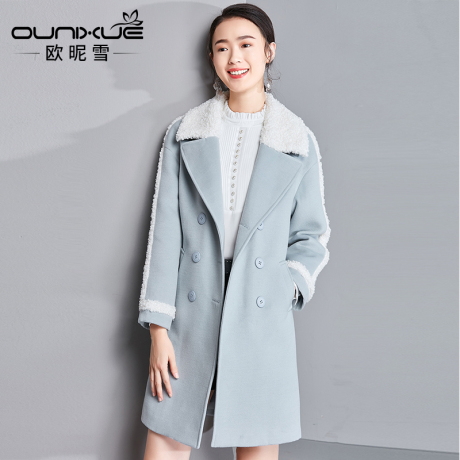 欧昵雪2018秋冬季新款绒毛翻领拼接长袖中长款毛呢外套女呢子大衣商品大图