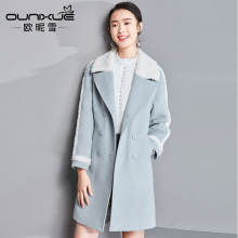 欧昵雪2018秋冬季新款绒毛翻领拼接长袖中长款毛呢外套女呢子大衣图片