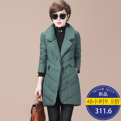 秋比中长款羽绒服女外套2018冬季新款时尚韩版西装领修身显瘦上衣商品大图