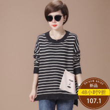 秋比秋天上衣女2018秋季新款时尚潮韩版宽松显瘦圆领条纹针织衫女图片