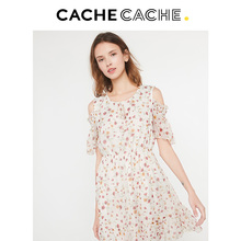 CacheCache2018年夏新款圆领露肩设计感甜美气质修身款OP连衣裙