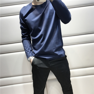 [JSSD]纯色简洁魅力压胶工艺边条丝光棉圆领修身长袖T恤男B0548