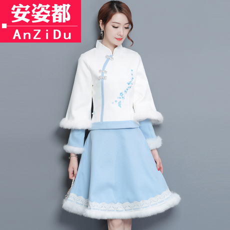 秋冬民国旗袍上衣毛呢裙改良汉服中国风复古盘扣中式女装唐装套装商品大图