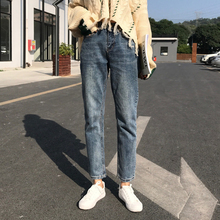 韩版 百搭高腰直筒九分裤 早春女2019新款 chic简约做旧复古牛仔裤