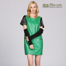 西塔撞色宽松绵羊皮连衣裙皮衣 精品真皮连衣裙 女装 2014秋冬新品