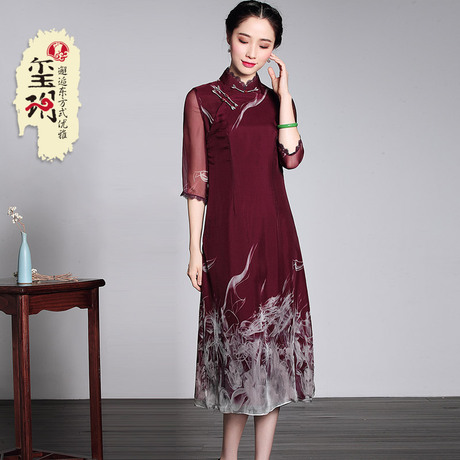 玺玥2019春季新款真丝定位印花改良日常中式盘扣旗袍修身连衣裙女商品大图