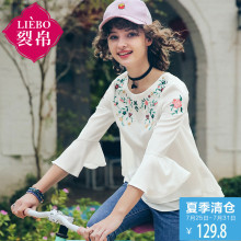 裂帛2018夏新款圆领刺绣袖喇叭袖上衣刺绣七分袖雪纺衫女51172782图片