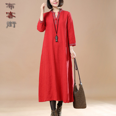布客街春装文艺大码A字棉麻复古盘扣绣花女长款七分袖连衣裙3215