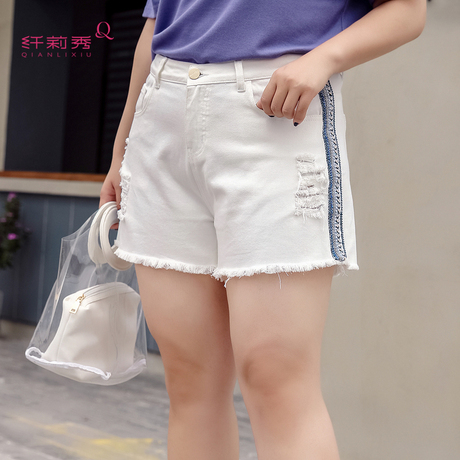 纤莉秀2018夏新款大码女装宽松韩版休闲牛仔裤胖mm宽松百搭短裤商品大图