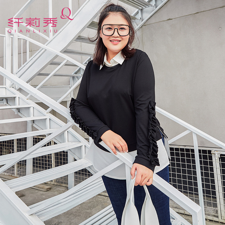 纤莉秀大码女装秋韩版胖mm2018新款宽松上衣微胖减龄拼接卫衣商品大图