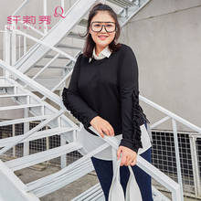 纤莉秀大码女装秋韩版胖mm2018新款宽松上衣微胖减龄拼接卫衣图片