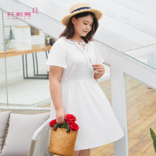 纤莉秀2018夏装新款加肥加大码女装短袖弹力收腰显瘦雪纺连衣裙图片