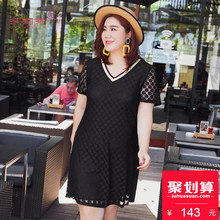 纤莉秀2018夏新款胖妹妹mm200斤大码女装收腰显瘦仙女蕾丝连衣裙图片