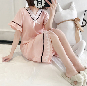 公主风睡衣韩版短袖睡裙女夏季宫廷风甜美蕾丝春秋纯棉宽松家居服